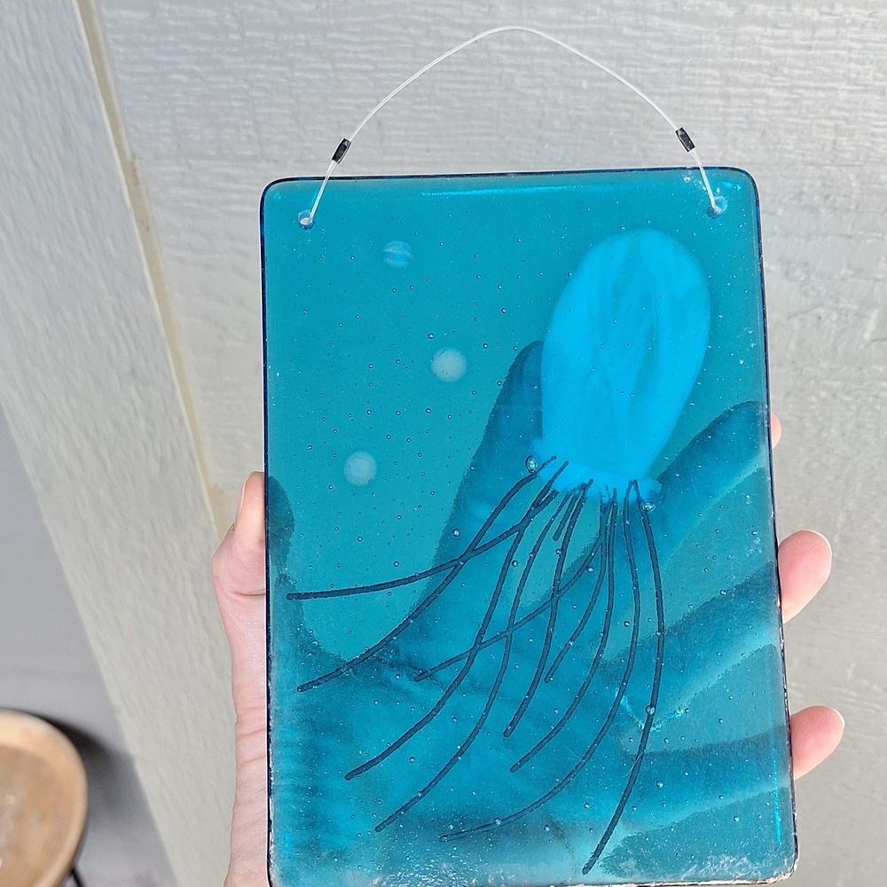 Artist Signed Jellyfish Art Glass Wall Hanging Blue & White Vintage - Picture 2 of 5
